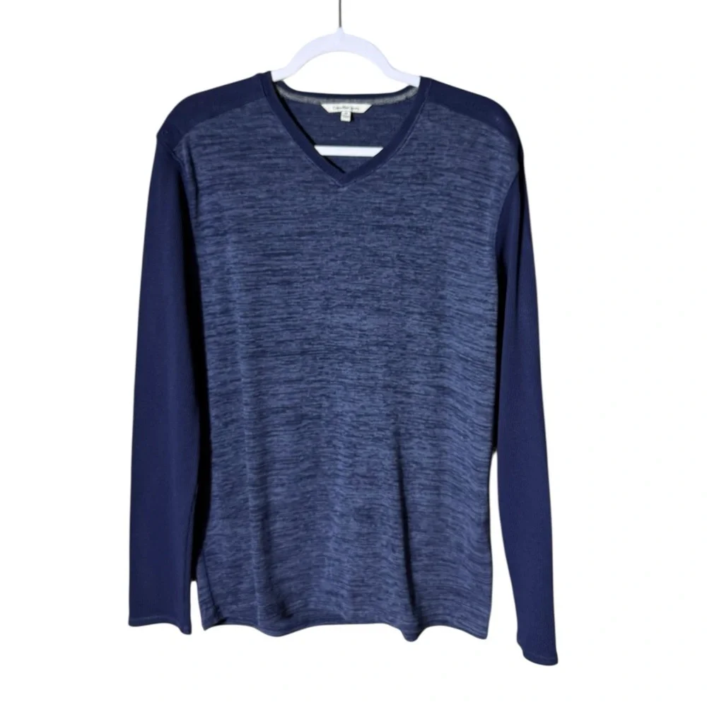 Calvin Klein Mens Sweater Size Medium Quiet Luxury Preppy Blue V Neck‎ Heritage